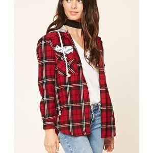 [42] Forever 21 Red Plaid Hoodie with Patches and Removeable Hood Size M